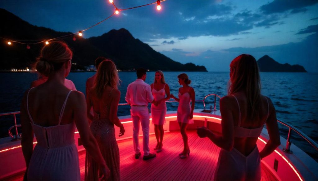 Guests dancing on a yacht during celebration yacht experiences in St. Lucia.
